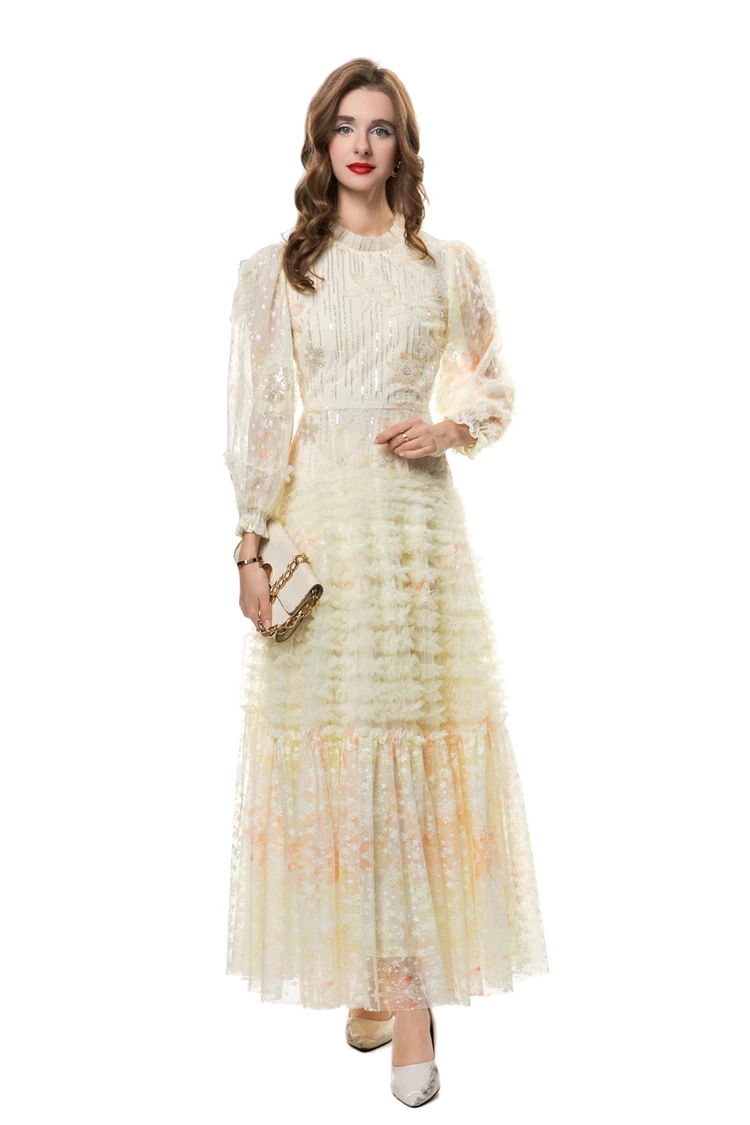 Vestidos femininos o pescoço mangas compridas impresso babados em camadas elegante designer de moda maxi vestidos