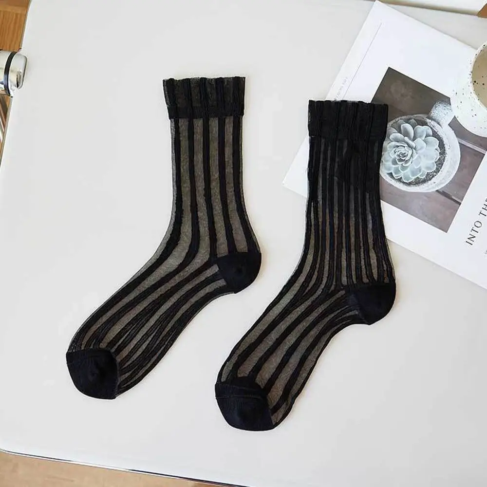 Calcetines transparentes a la moda para mujer, calcetines de seda de vidrio de estilo japonés de malla, calcetines femeninos a rayas, calcetines de tubo medio