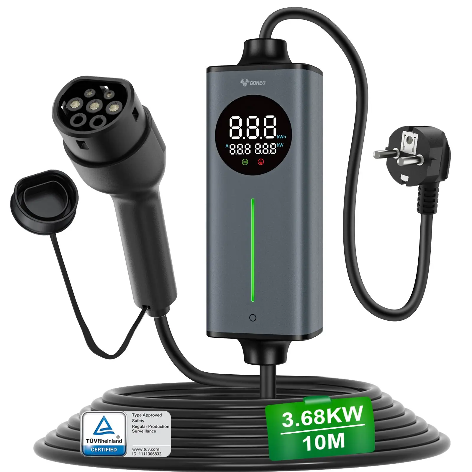 GONEO Draagbare Type 2 EV-lader – Schuko-stekker, voor elektrische auto's & plug-in hybrides ​ Slimme temperatuurregeling, dubbele FI (AC+DC) bescherming, automatische aardingsdetectie, instelbare