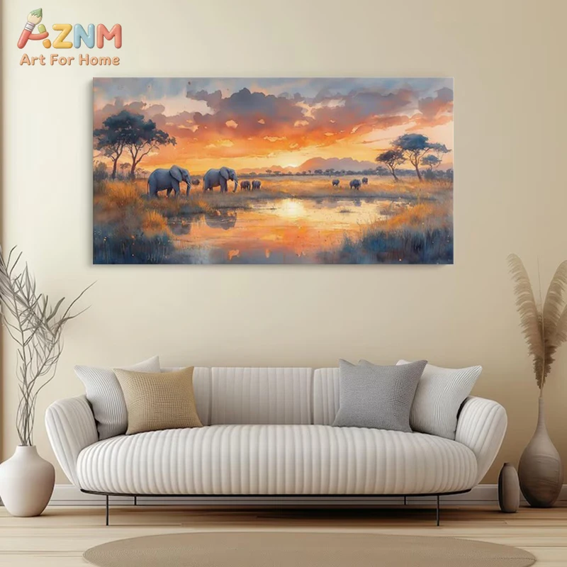 AZNM African Savanna Elephant Family Canvas Wall Art Sunset Watercolor Style Wildlife Painting No Frame
