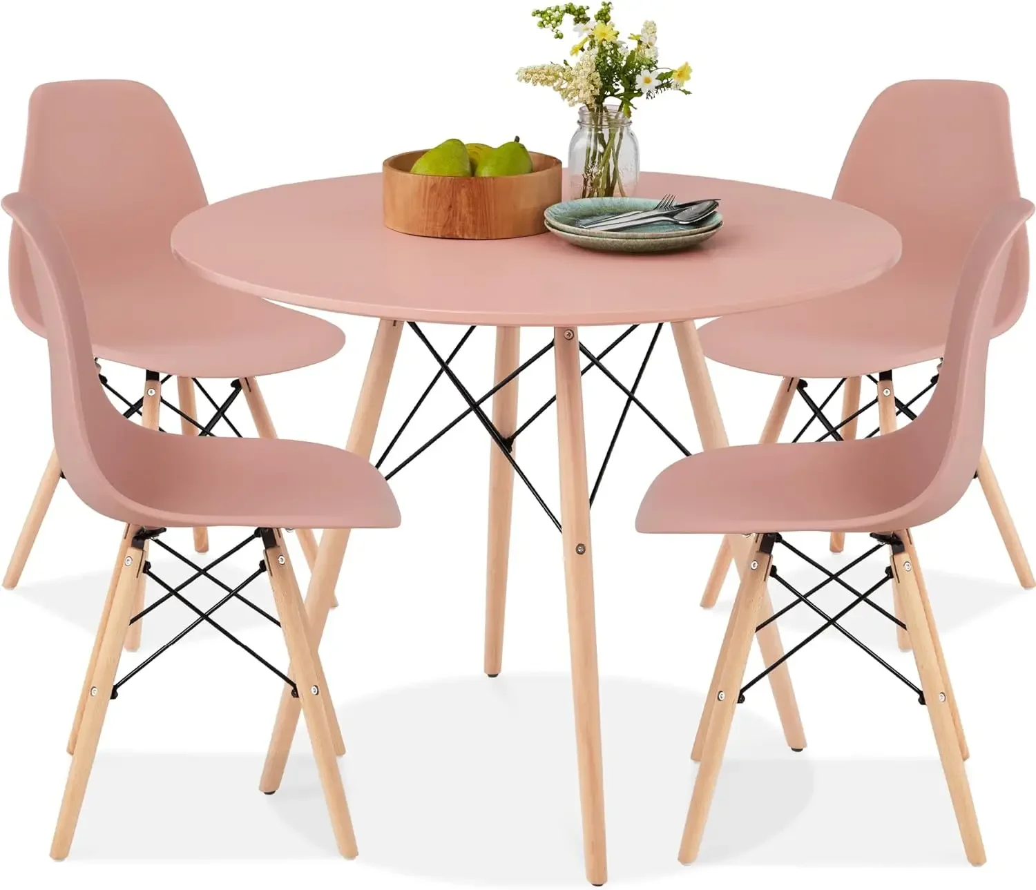 High-end Coffee Tables 5-Piece Dining Set,  for Home, Apartment W/ 4 Chairs, Plastic Seats, Wooden Legs, Metal Frame  Furniture