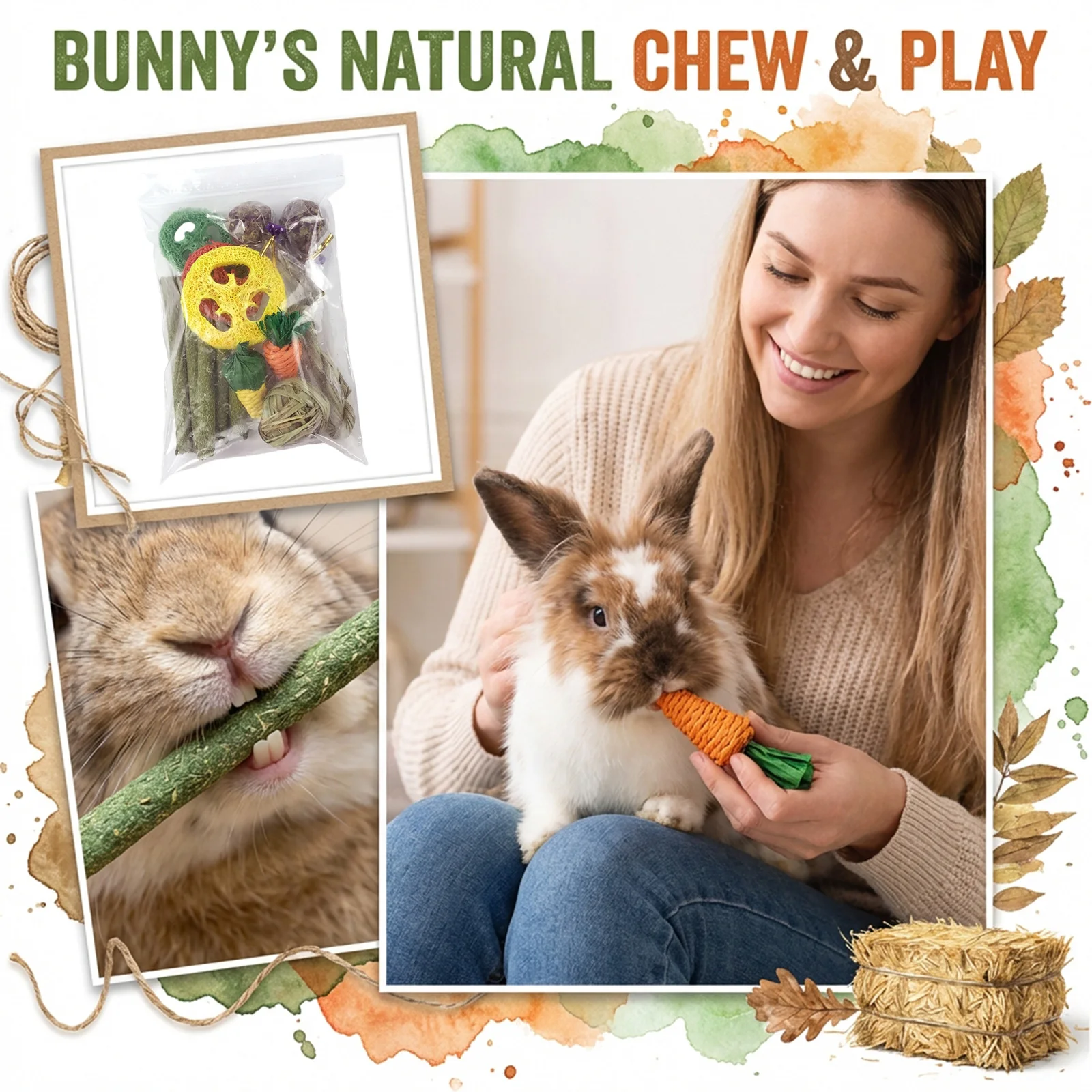 14-Piece Pet Toy Set for Rabbits, Guinea Pigs and Hamsters Fun Chew Toys Teething Toys With, Luffa, Sticks, And Flower Lollipops