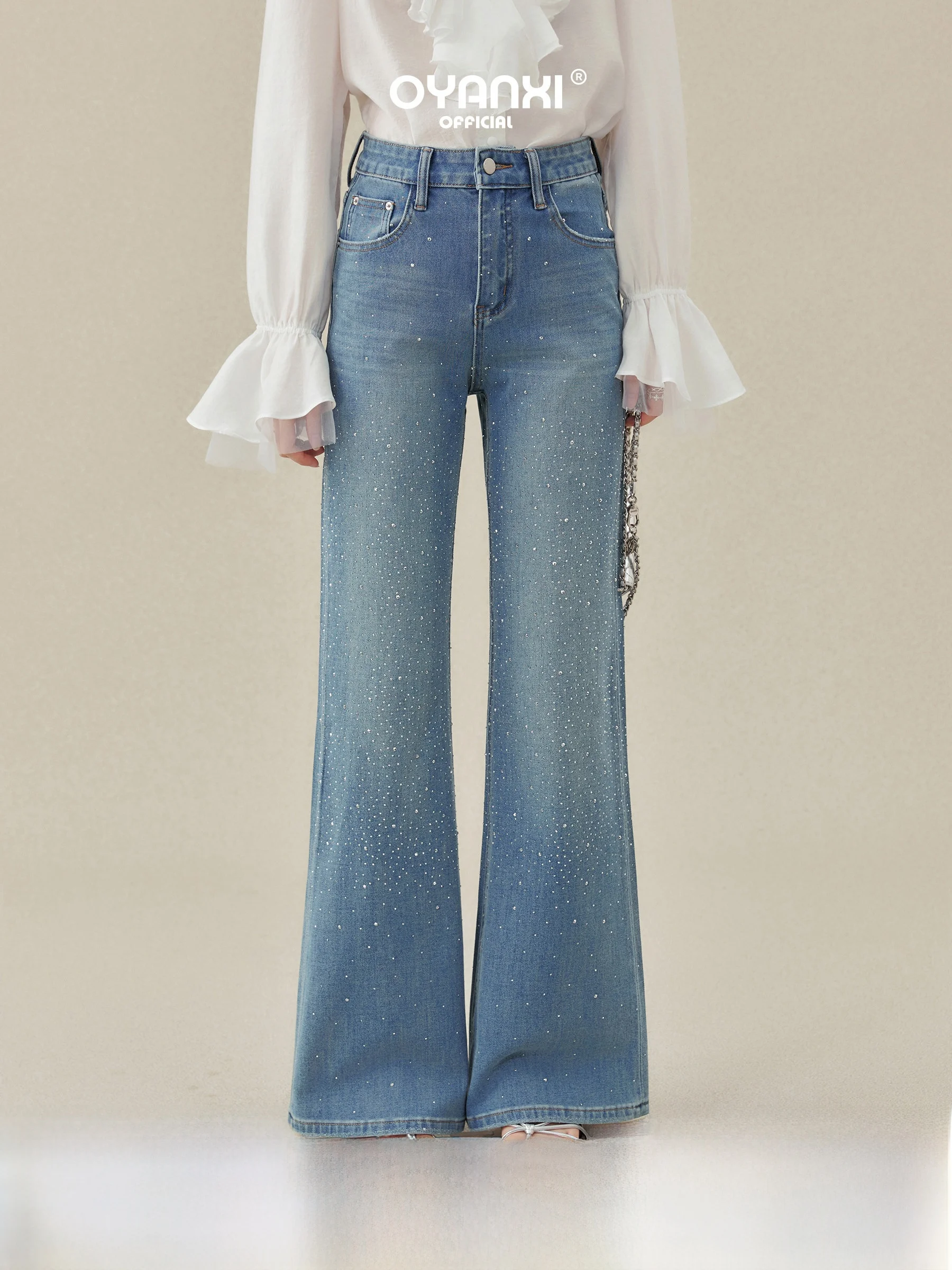 

High Waist Shiny Rhinestone Wide Leg Jeans Women's Spring New Style 《 》Non-Matching Loose Fit Denim Pants