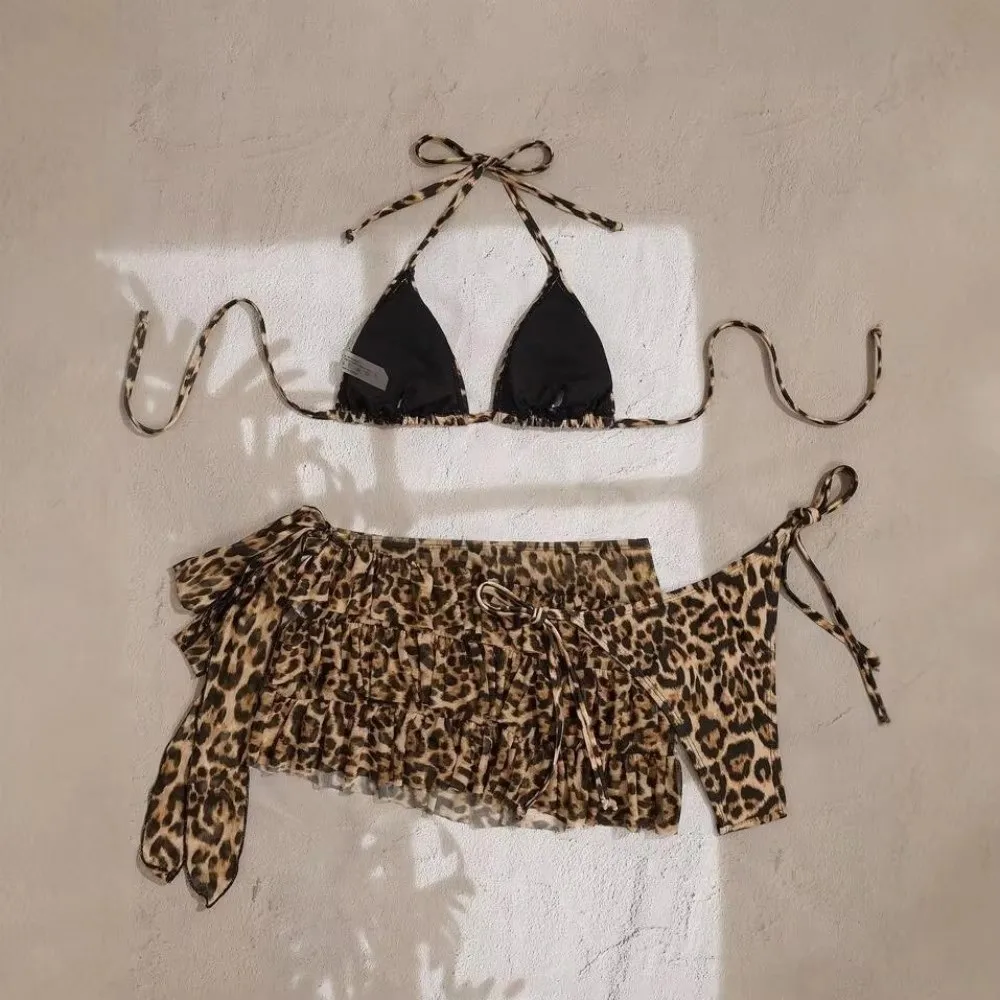 Fashion Leopard Print Women Swimsuit Push Up 3-Piece Set Beach Bikini Padded Cover Up Beach Vacations