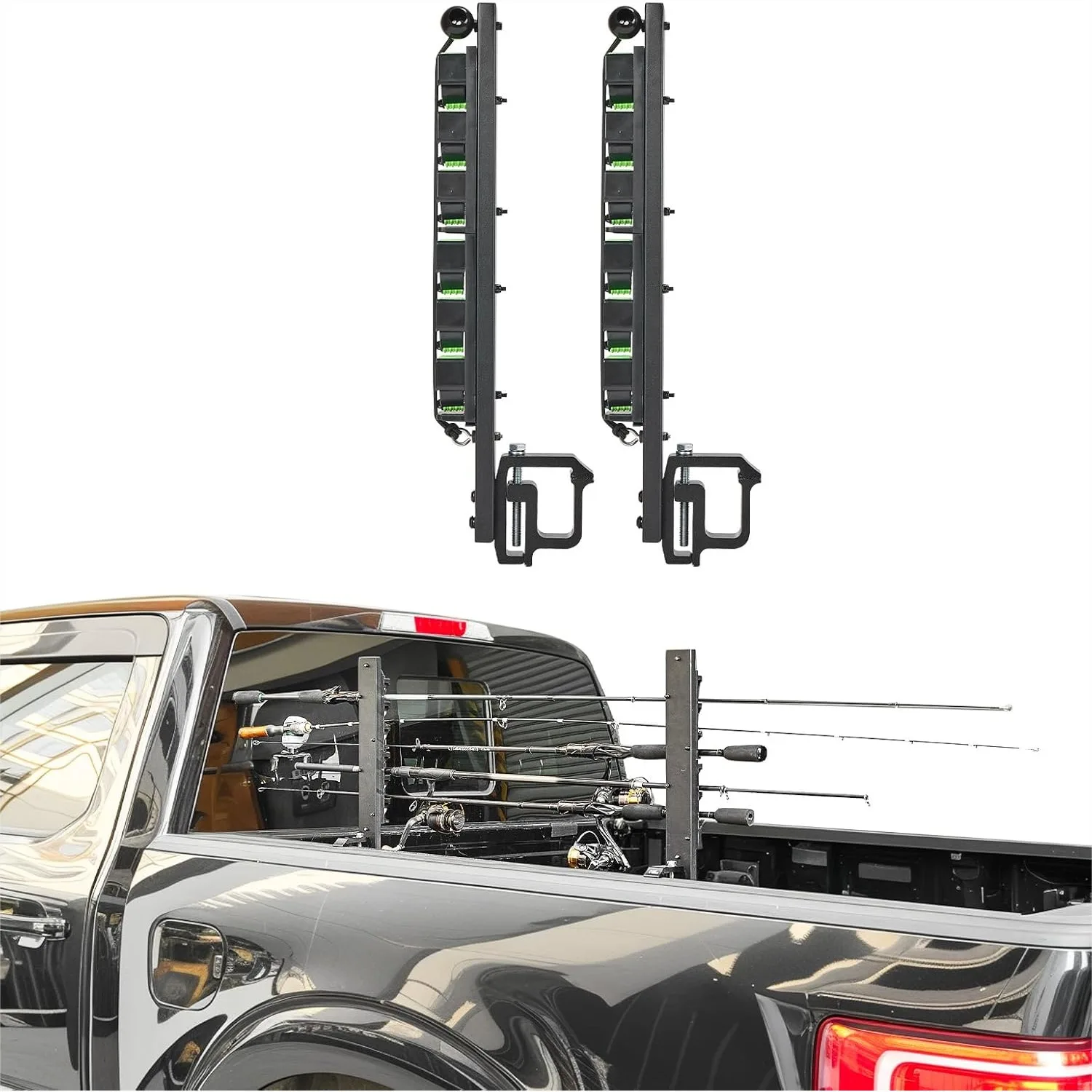JOYTUTUS Truck Bed Fishing Rod Holder, 6-Rod Capacity Clamp-On Design for Truck Bed & Boats, Horizontal or Vertical Mount