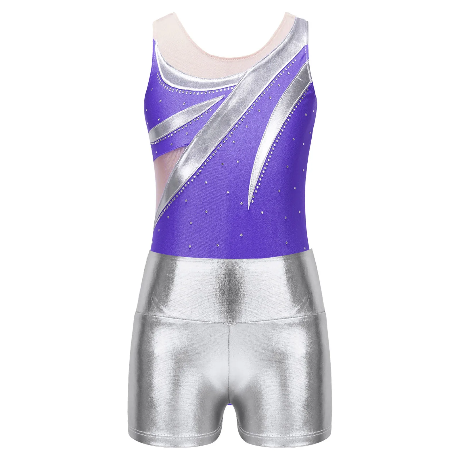 Kids Girls Sleeveless Gymnastics Jumpsuit + Shorts Rhinestone Shiny Metallic Ballet Dance Outfits Children Dancewear Costume Set