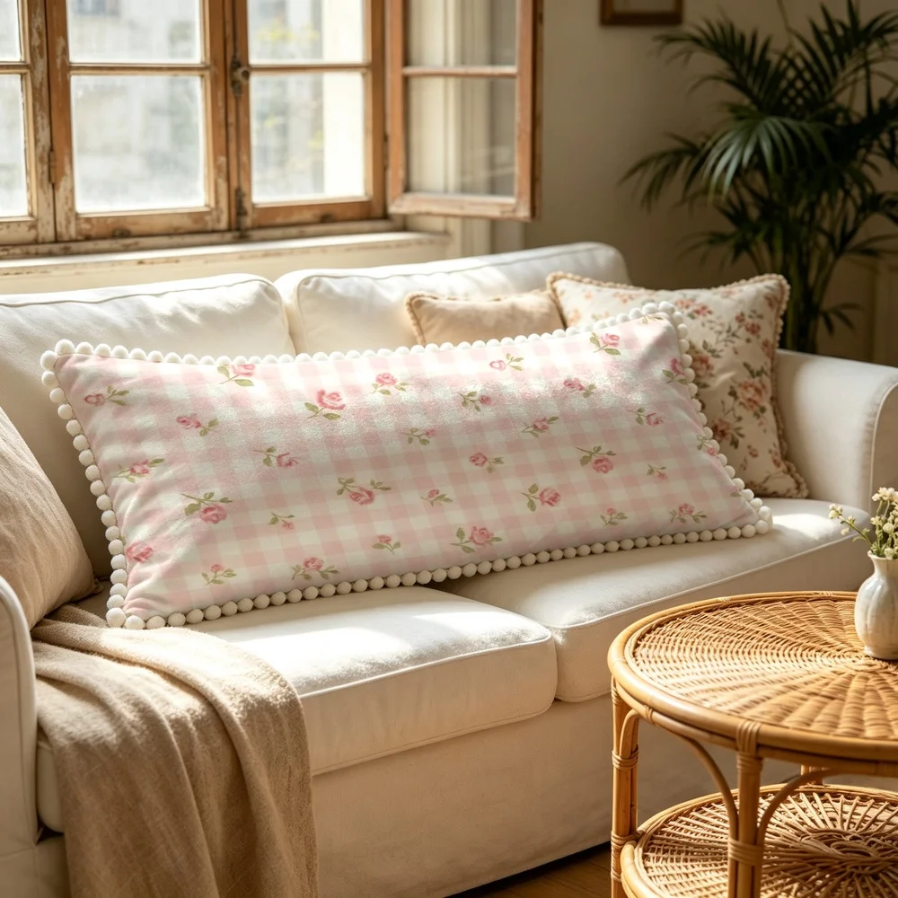 1PC Pink White Checkered Background with Pink Small Roses, Sweet Vintage Gingham Floral Long Pillow Cover with Pom Pom Trim