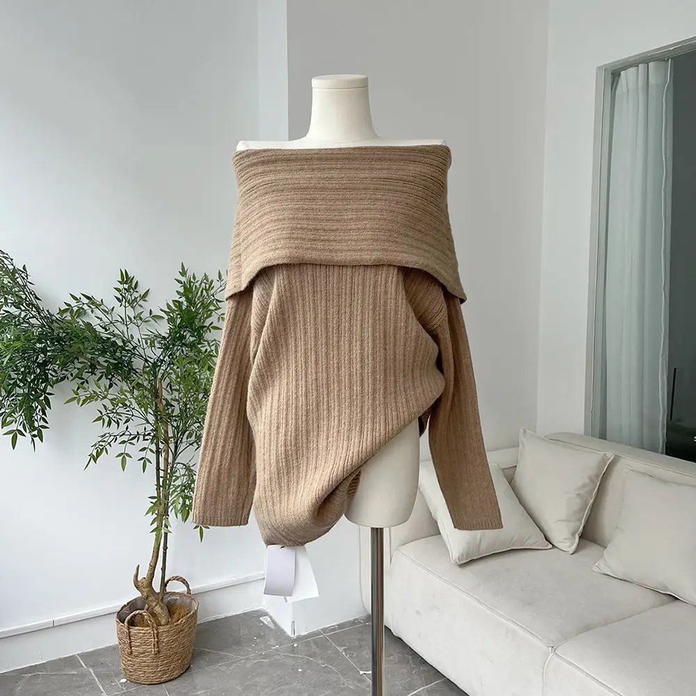 Korean style Sexy Slash Neck Elegant Sweater Pullovers Women Casual Vintage Off Shoulder Loose Knitted Jumper