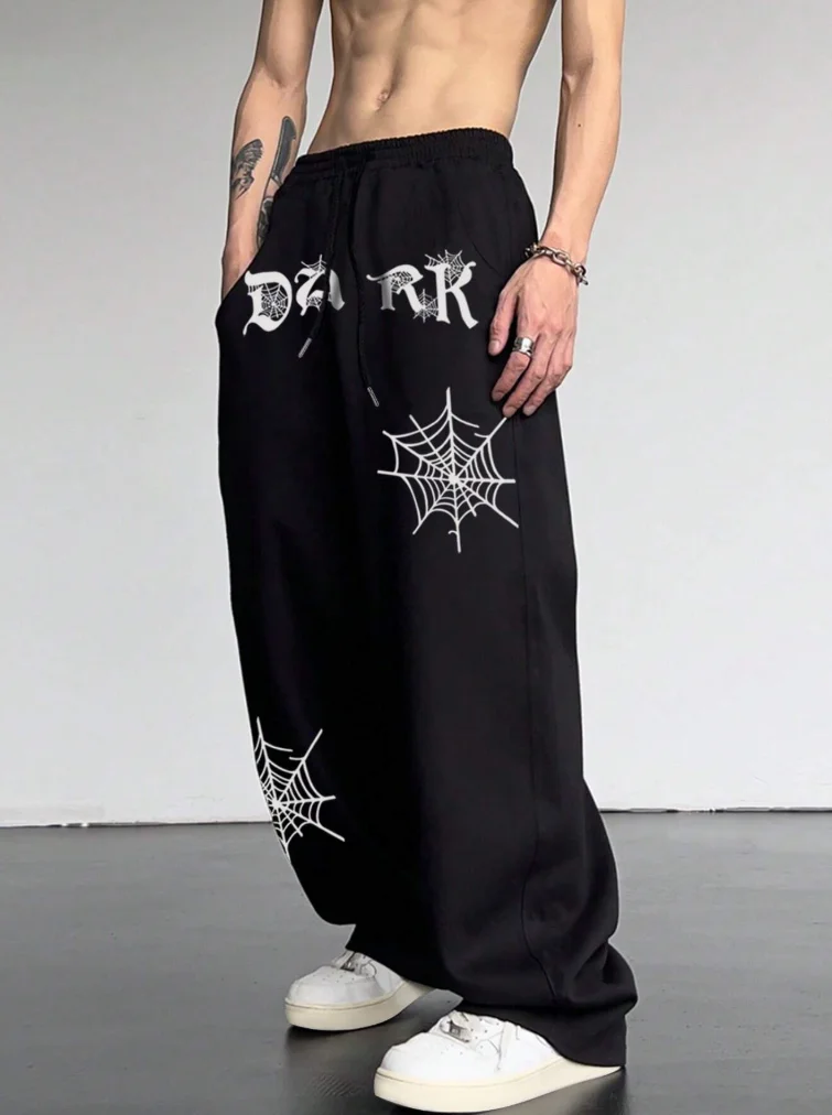 2025 New trend spider web printing men's trousers wide-leg trousers breathable quick-drying casual sports wide-leg trousers