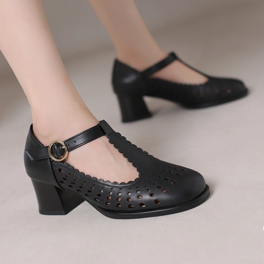 Casual T-Strap Mary Janes Shoes Women 2023 Round Toe Hollow Out High Heels Pumps Woman 5CM Thick Heel Breathable Mesh Shoes