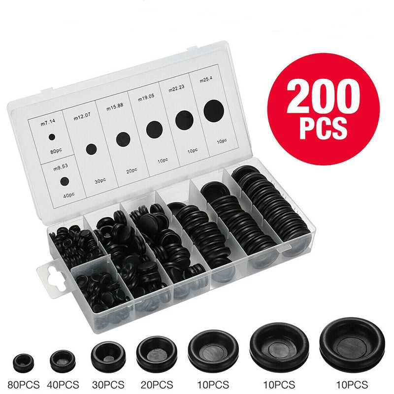 

200pcs Rubber Grommet Gasket Assortment Set Firewall Hole Electrical Wire Grommet Gasket Kit for Wire Plug and Cable