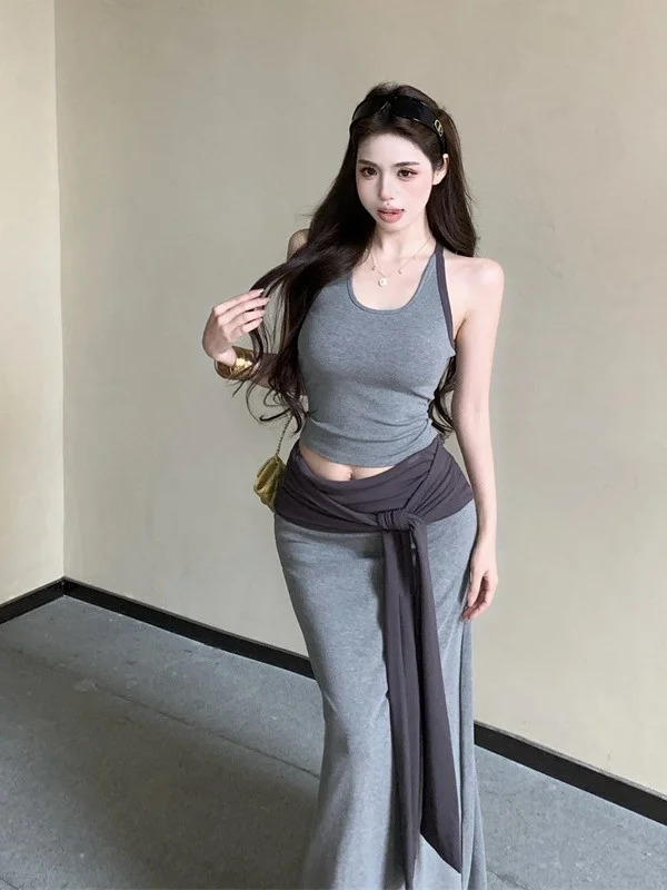 Color Blo ort Crop Top And Skirt Set for Women Summer Design Sense Hanging Ne Strap Vest ter f Body Skirt Two Pie...