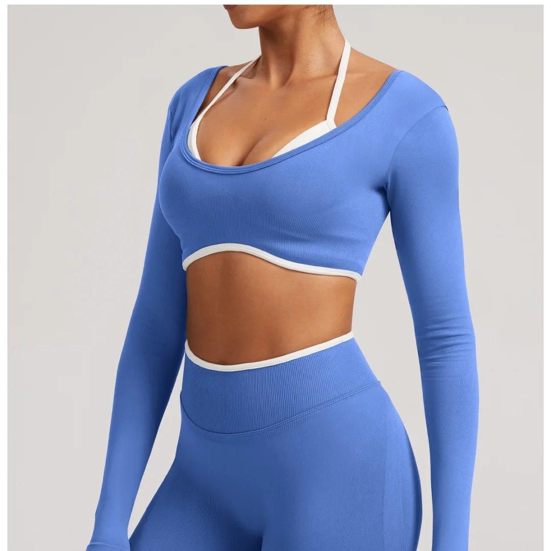 

T LOGO Seamless Fake Two-piece Long-sleeved Yoga Top Women's Running Fitness Sports Top Yoga Top
