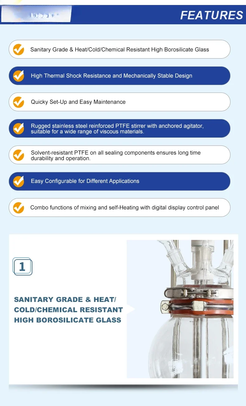 5L industrial chemical reactor price single-layer glass ribbon 200c set without top