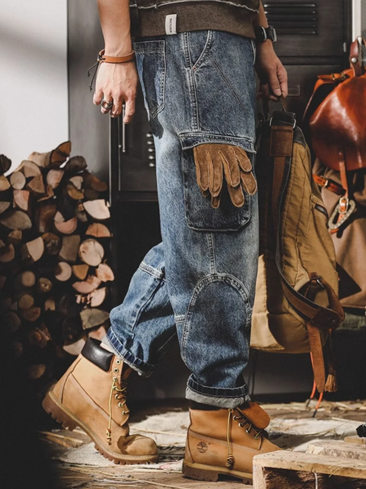 

Мужские джинсы в американском ретро-стиле, большие размеры, свободные прямые брюки для работы, осенние повседневные брюки с широкими штанинами и эффектом потертости