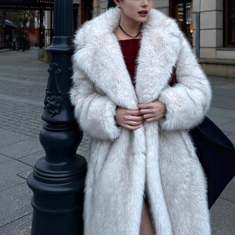 TARUXY Luxury Fox Fur Coat Women's Suit Collar Long Sleeves Loose Keep Warm Faux Fur Long Coat Winter High Street Fashion Jacket