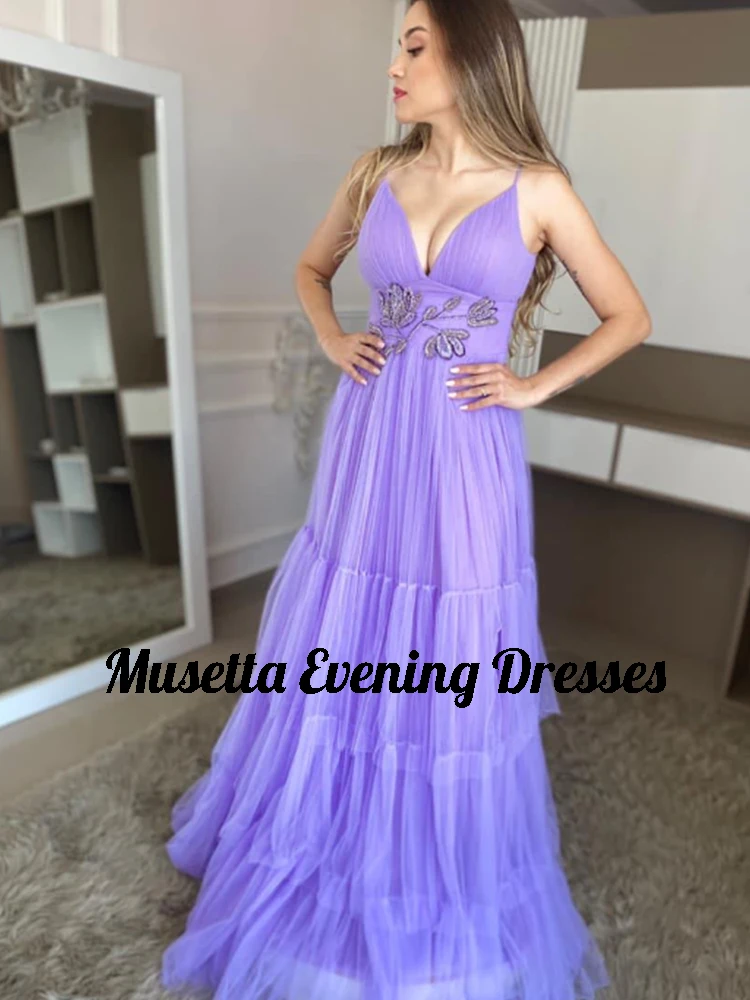 Musetta Tulle Appliques Prom Dresses Sexy Spaghetti Strap Tiered Ruffles A-Line Evening Dress Para Eventos Especial Customized