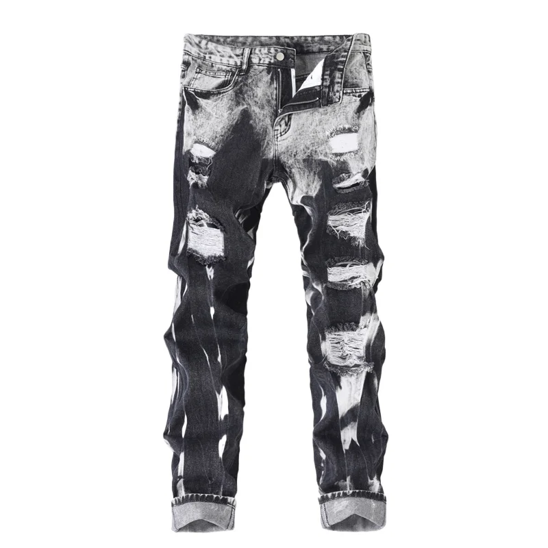 New Patchwork Ripped Jeans Men's Slim Fit Moto Biker Fashion Denim Trousers Vintage High Street Black Casual Pants Street Wear