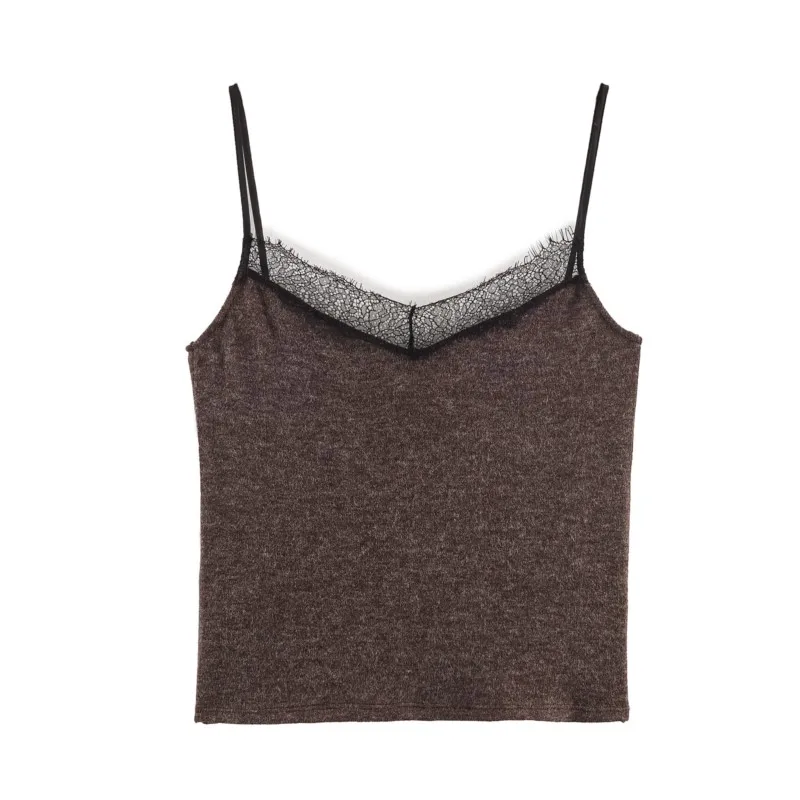 Camiseta sin mangas de encaje para mujer, camisola Sexy de punto con espalda descubierta y tirantes finos con cuello recto y espalda descubierta para primavera y verano, Tops elegantes para mujer