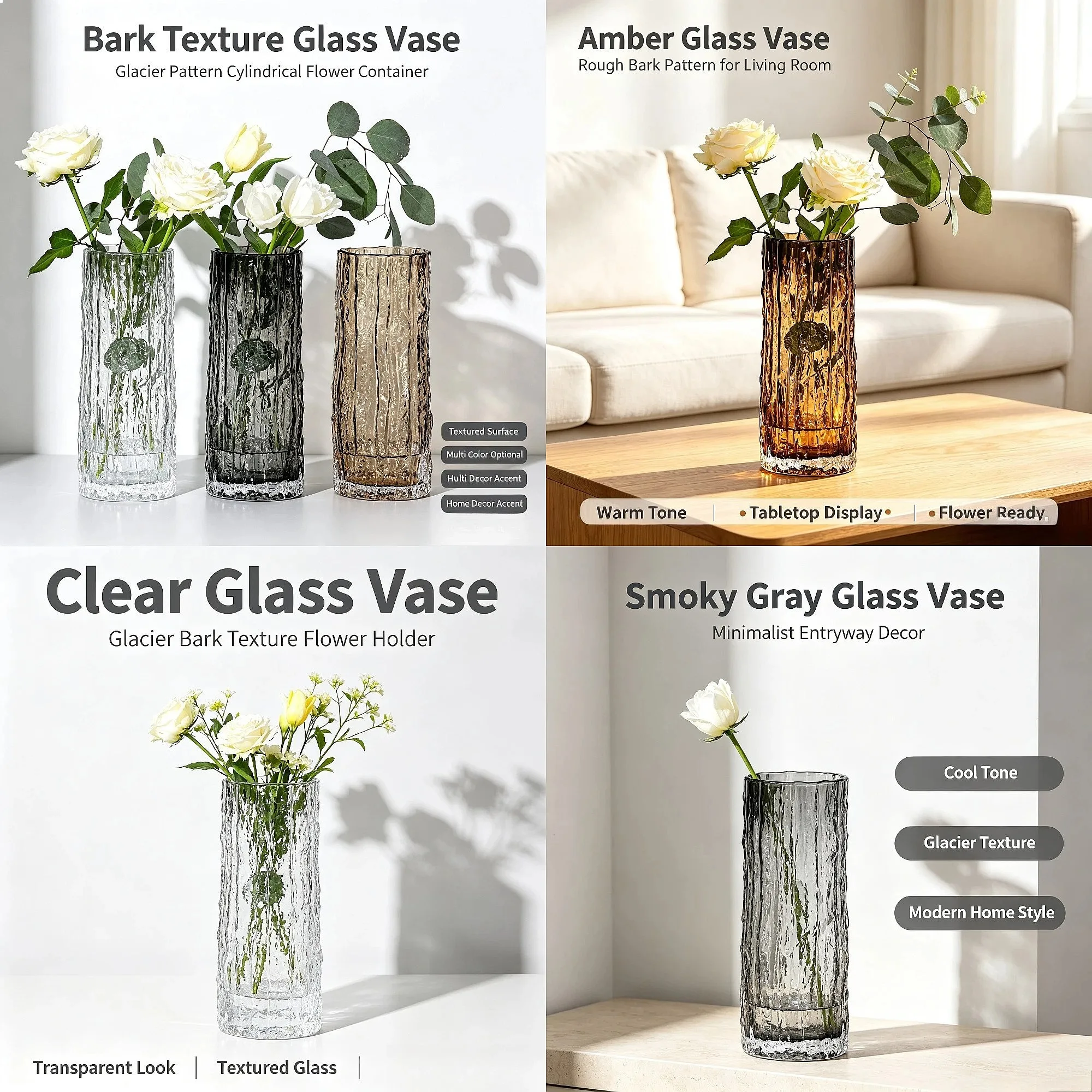 Bark Texture Cylindrical Glass Vase Glacier Pattern Flower Container Modern Living Room Tabletop Home Decor Ornament