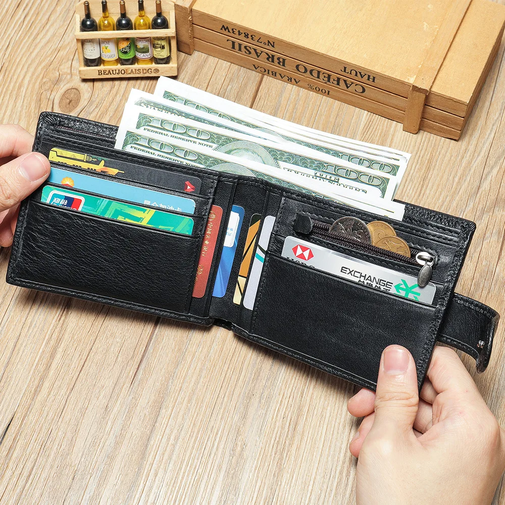 Portfel ze skóry bydlęcej z dwoma składanymi przegródkami, pozioma kwadratowa torebka, portfel ze skóry naturalnej, portmonetka na monety, etui na karty.