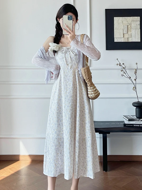 

Summer New Chic Floral Print Sun Protection Cardigan Dress Women's Two-Piece Set Soft First Love Sweet Strapless Gown