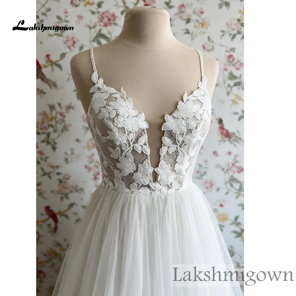 Lakshmigown Beach Bohemian Hochzeitskleider für die Braut 3D-Blumen-Spitzenapplikation Illusion Tiefer Rücken Tüll-Brautkleid Maßanfertigung – Detail 7