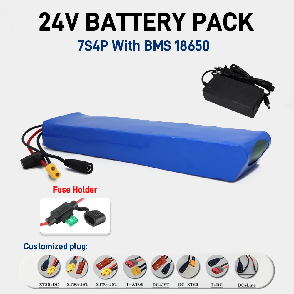 

Equipped with 15A BMS 24V lithium battery pack 18650 7S4P 12Ah rechargeable with fuse holder+29.4V charger 250W/500W suitable