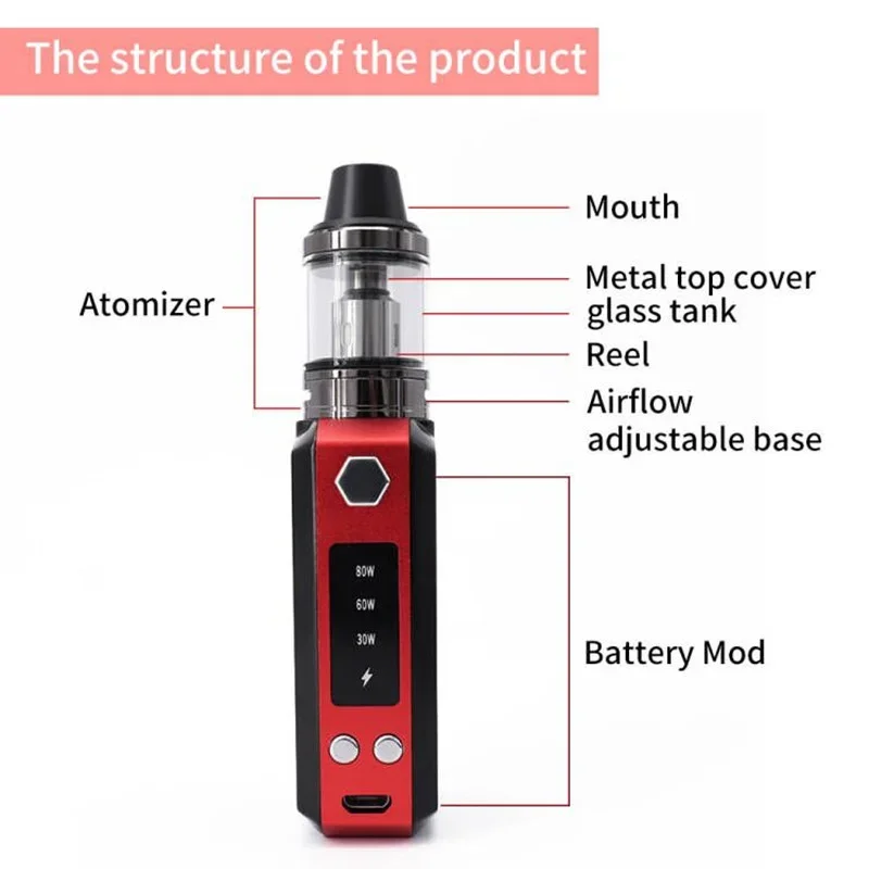 80W Vape Mod Electronic Cigarettes Kit 1800mAh Battery 2.5ml Atomizer 30W/60W/80W Voltage Adjustment E Cigarette Shisha Pen Ecig