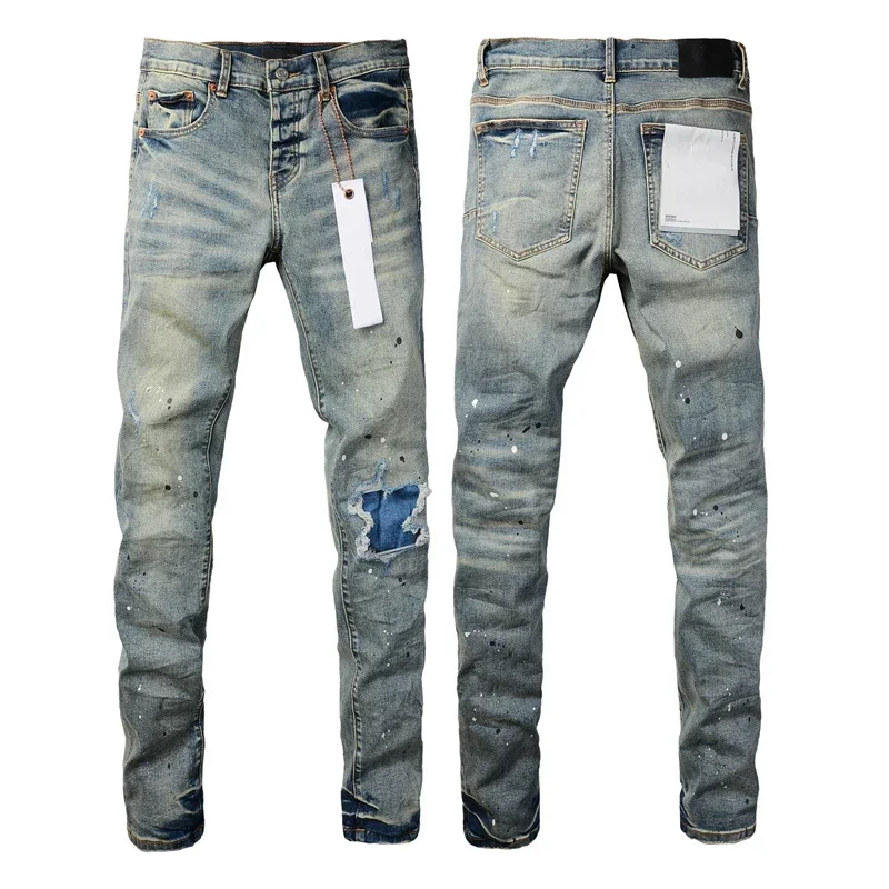 24ss American High Street Ripped Blue Patchwork Pencil Pants Street Hip Hop High Quality Washed Do Old Jeans Slim Fit Pants