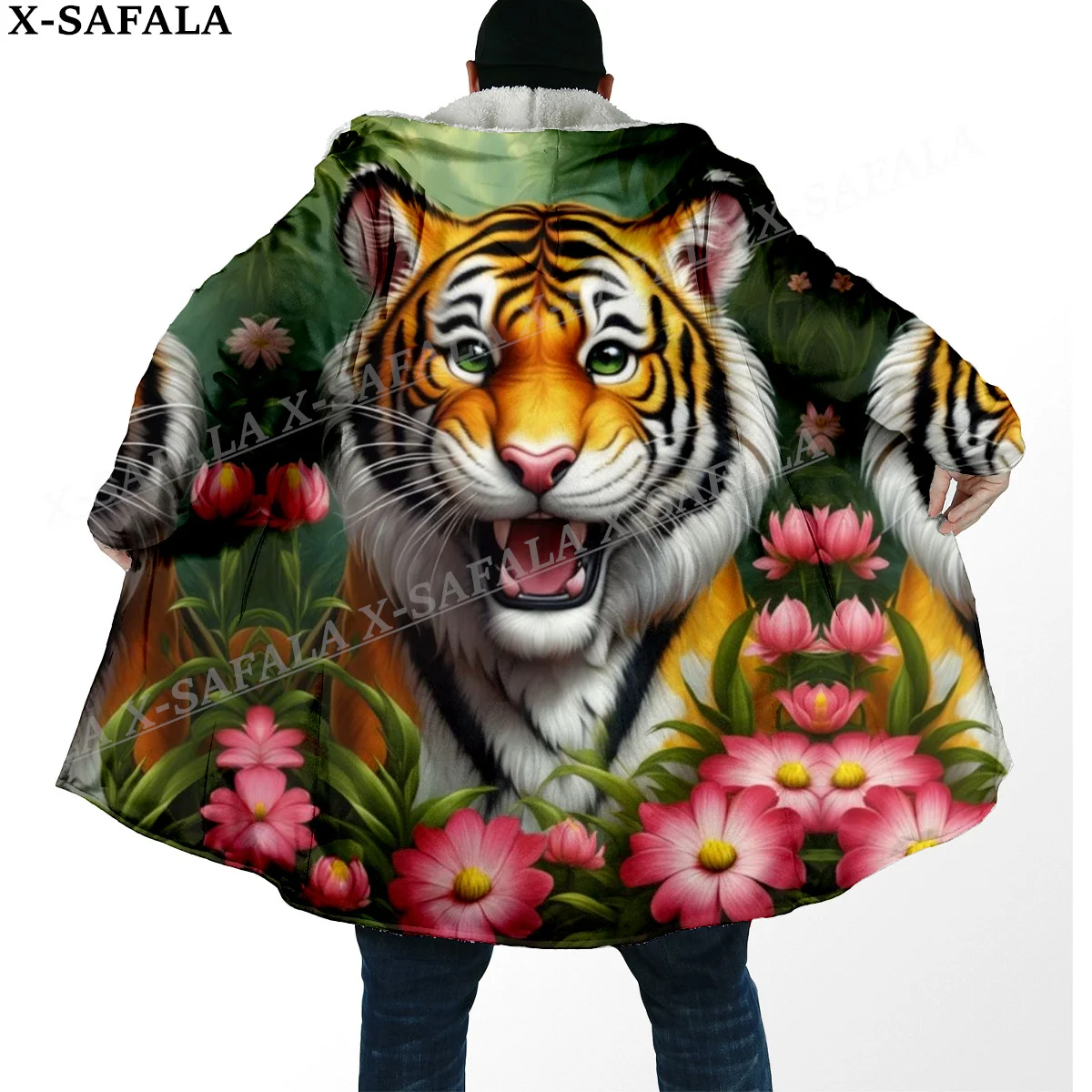 Mythology Tiger The King Spirit Thick Warm Hooded Cloak Men Overcoat Coat Windproof Fleece Cape Robe Hooded Blanket-7