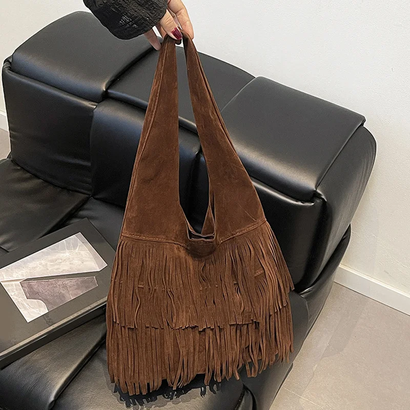 Lässige Vintage-Tasche mit großer Kapazität für Damen, neue modische Pendler-Achseltasche, vielseitige Hobo-Tasche mit Quastendesign – Detail 12