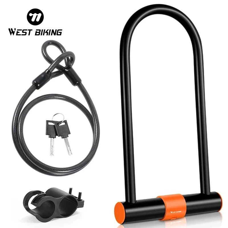 WEST BIKING Bicycle U Lock Anti-theft Safety Bike MTB Road Bike Motorcycle Scooter Wheel Cable Chain Lock Cycling Accessories