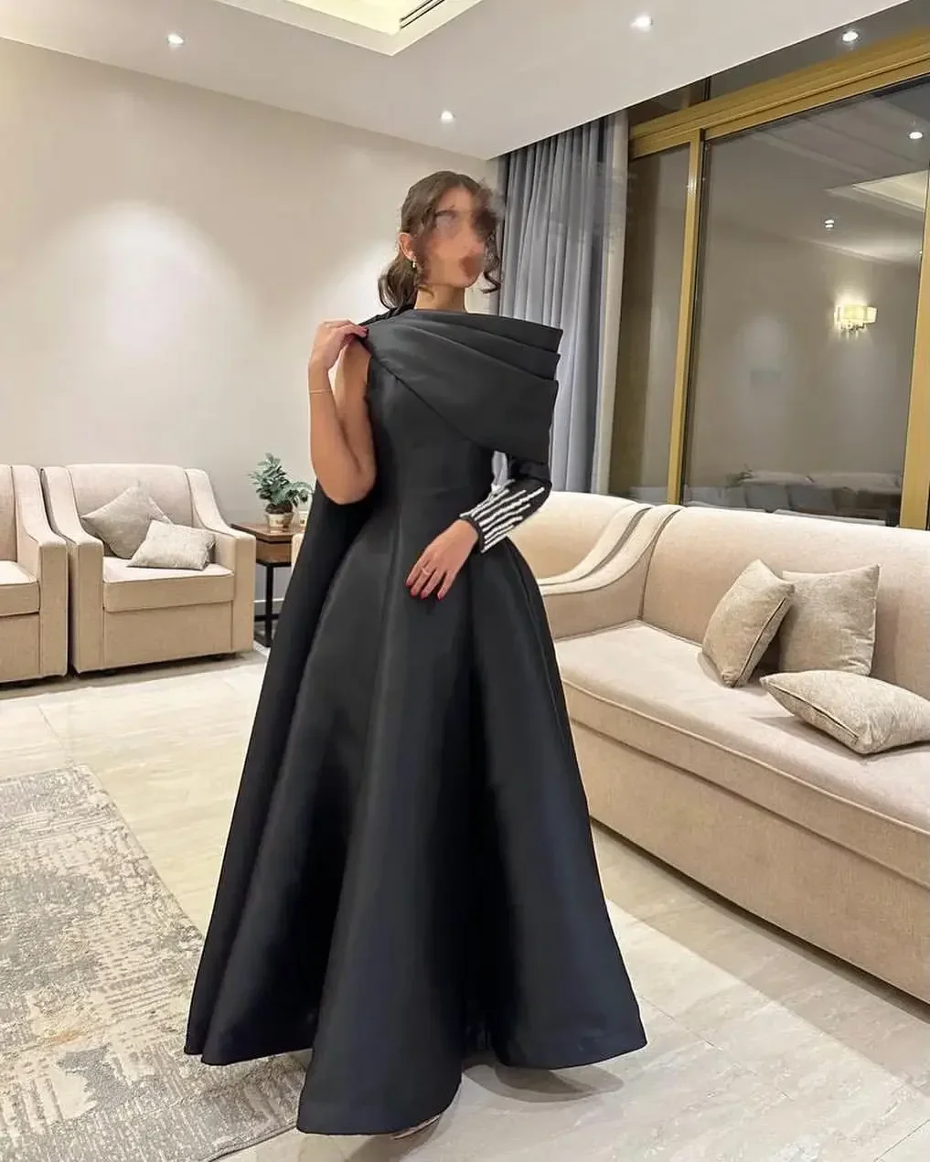 Customized Vintage Black O Neck Evening Dresses One Shoulder Long Sleeve Pleated Beadings Floor Length Formal Party Prom Dresses