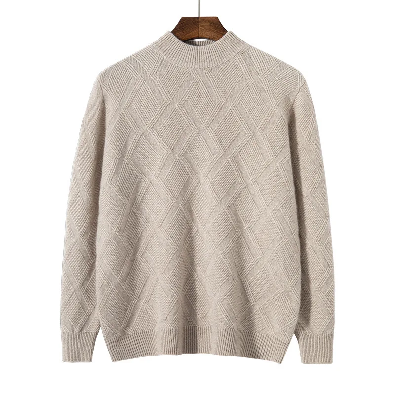 Men Cashmere Sweater Half Turtleneck Thick Jacquard Business Loose Autumn Winter
