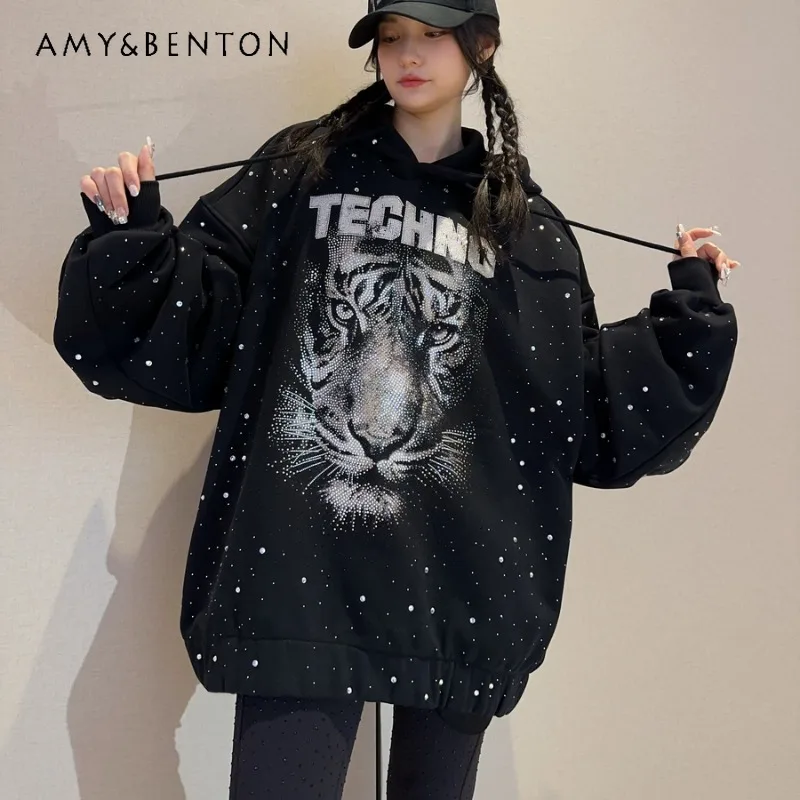 Fashion Brand Cartoon Hoodies Oversize Men's And Women's Trendy Cool Street Full Diamond Drills Mid-Length Dark Top Sweatshirts