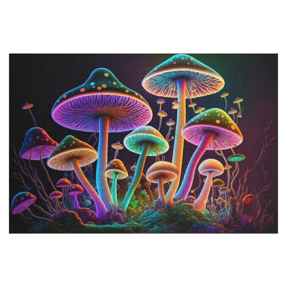 

Glowing Psychedelic Mushrooms Jigsaw Puzzle Picture Wooden Name Custom Personalized Personalized Gift Married Iq Puzzle