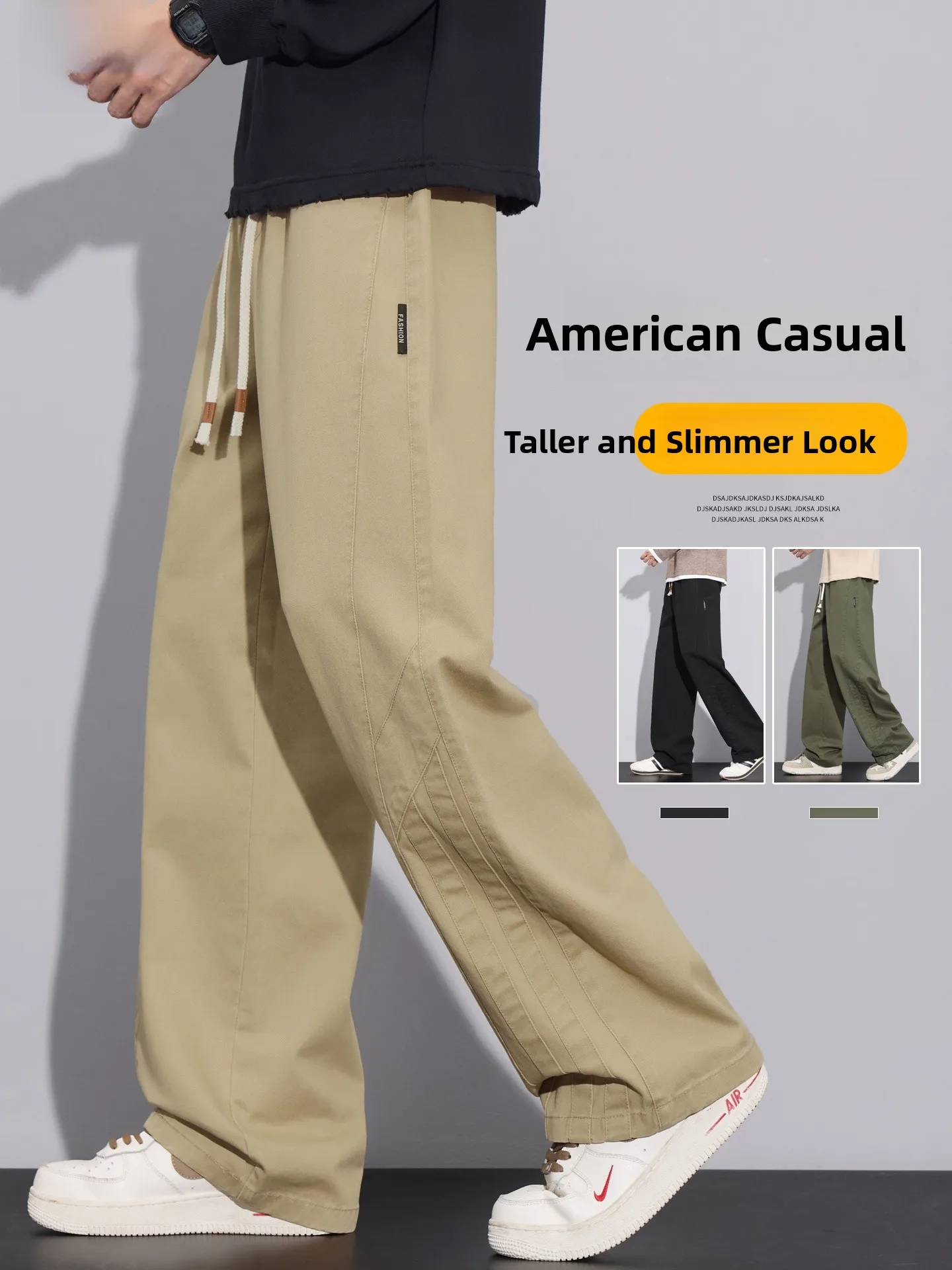 

Khaki Pure Cotton Work Trousers Men's Spring Autumn Loose Straight Leg American Splicing Design Wide Leg Long Pants