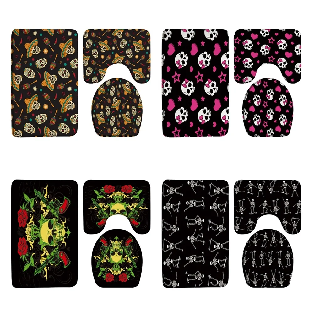 

Funny Skeleton Skull Bath Rug Sets Red Rose Floral Bathroom Accessory Mat Non Slip U-Shaped Carpet Toilet Lid Cover Home Doormat