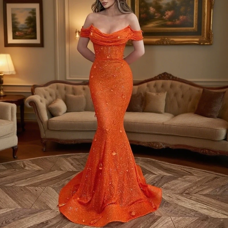 オーダーメイドオケージョンドレスネットマーメイド/トランペットバレンタインデードレスオレンジオフショルダービーズイブニングドレスカスタマイズ