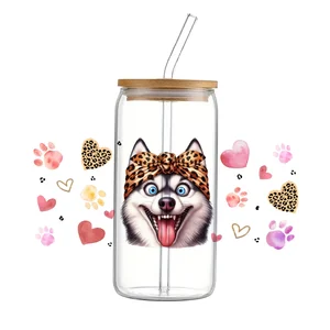 Pets Puppy For Libbey 11x24cm Cute 16oz Can Glass 3D Waterproof UV DTF Coffee Can Wrap Libbey Glass Wrap