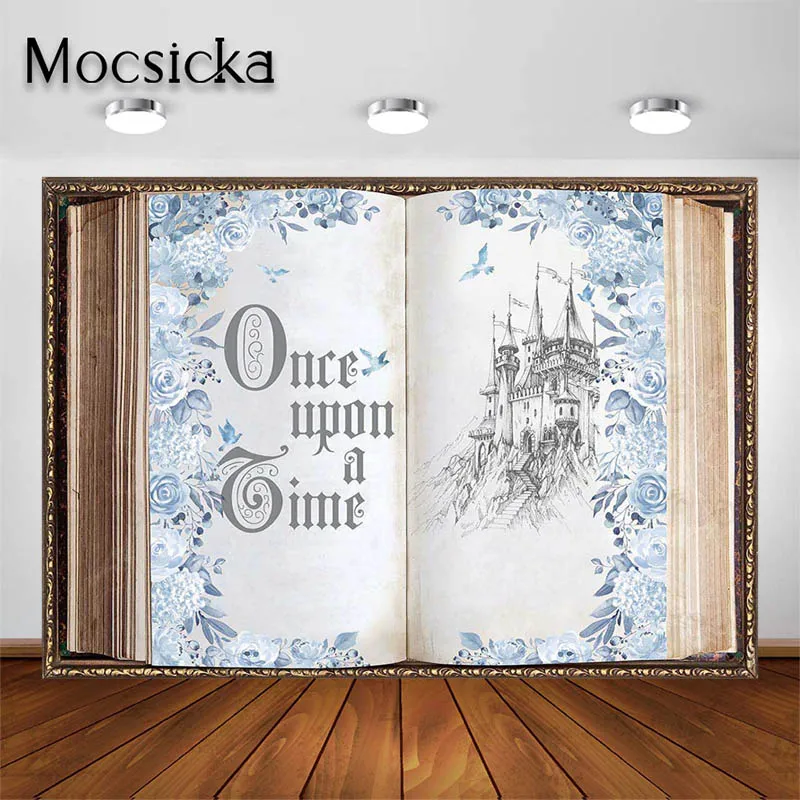 

Mocsicka Magic Book Backdrop Once Upon A Time Blue Rose Castle Background Adults Portrait Photo Studio Props Party Decor Banner