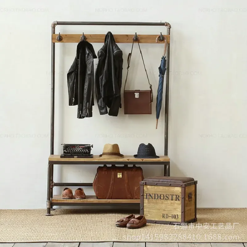 Wholesale shoe changing stool coat rack, vintage iron solid wood distressed furniture, industrial faucet hooks, industrial style