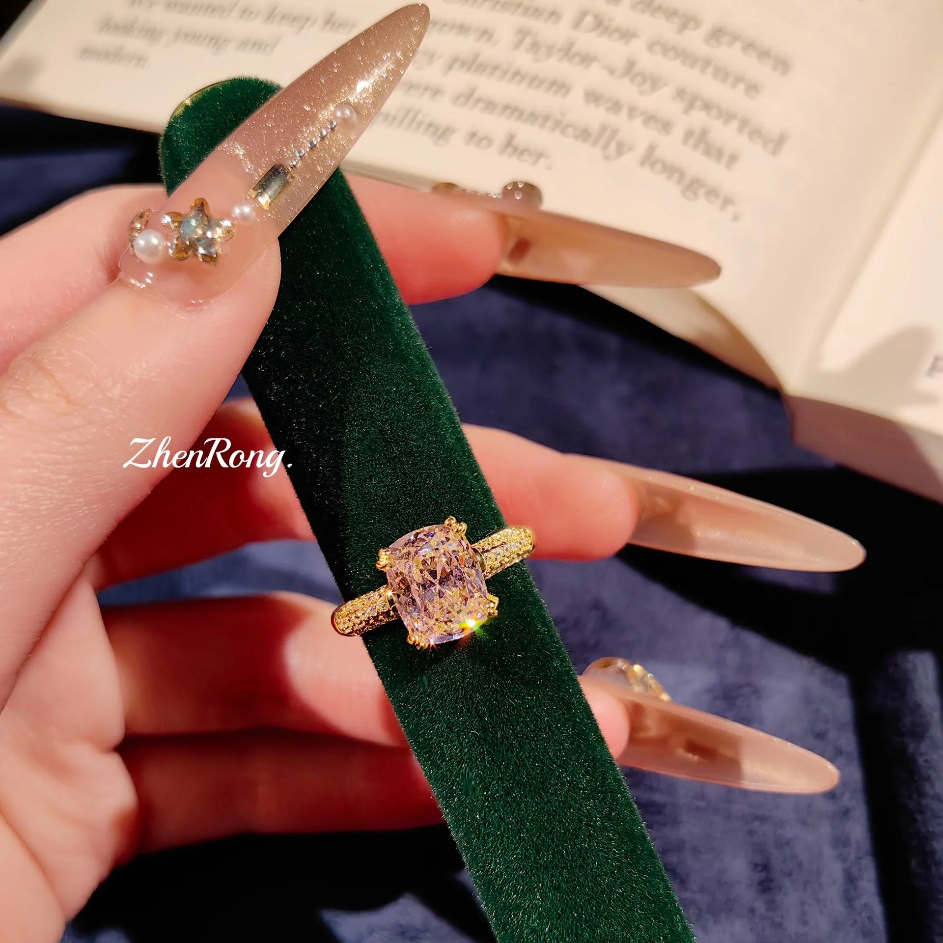 S925 Silver Ring Fashion Elegant Thick Rectangular Pink Diamond Light Luxury High Versatile Pigeon Egg Diamond Ring 