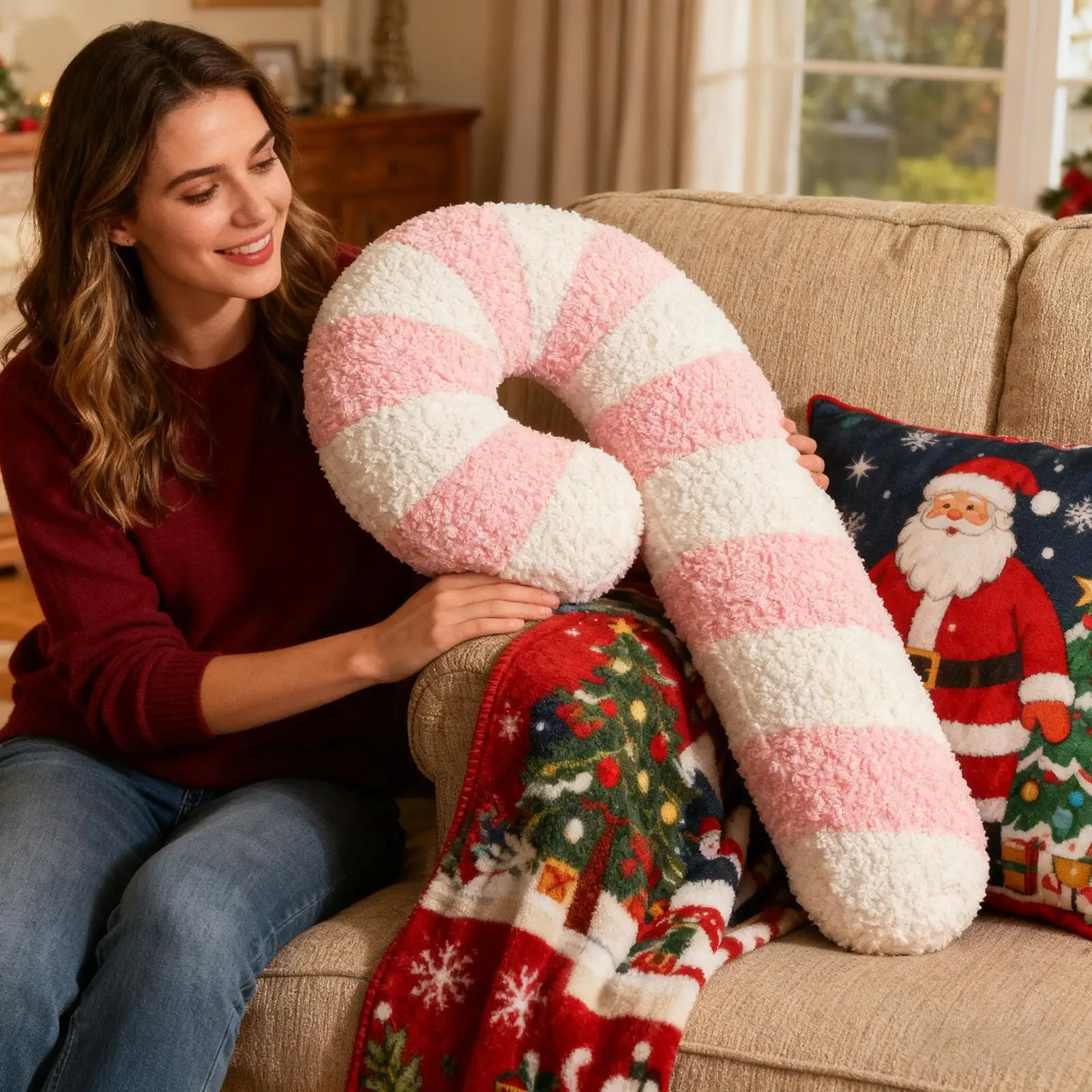 35 cm/53 cm Weihnachtskissen, weiches Lutscher-Form-Plüschkissen, Plüsch-Zuckerstangen-Couchkissen für Sofa, Schlafzimmer, Wohnzimmer