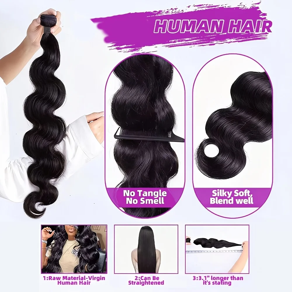 12A Body Wave Bundles Human Hair Natural Black Body Wave Raw Human Hair Bundles 1/3/4 Pc Sew In Quick Weave Hair Extension image 4