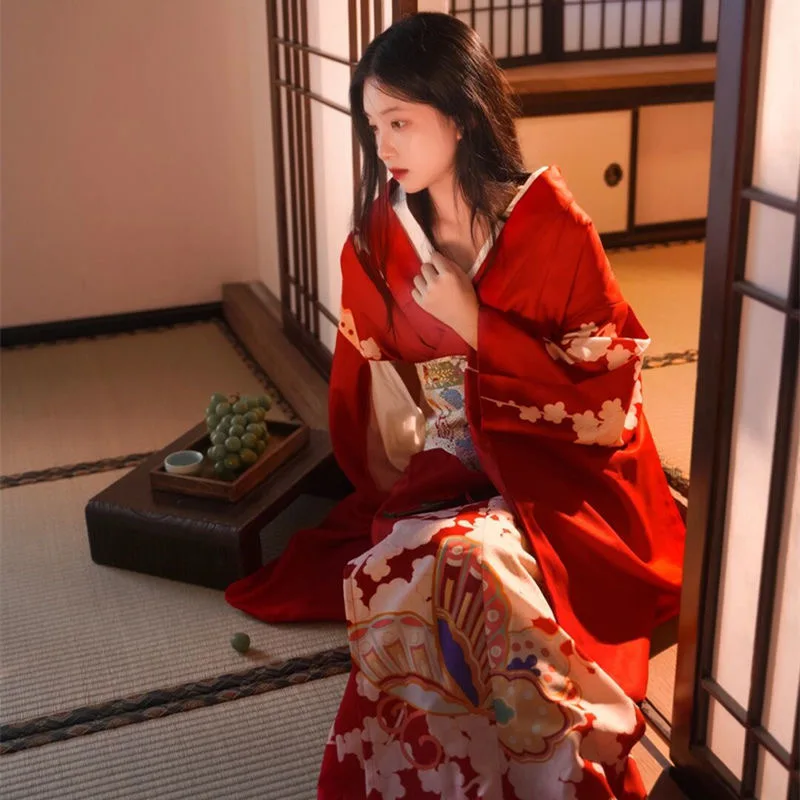 Kimono tradicional japonés con estampado de flores de Color rojo Obi para mujer, vestido de actuación de escenario de Cosplay Yukata de manga larga,