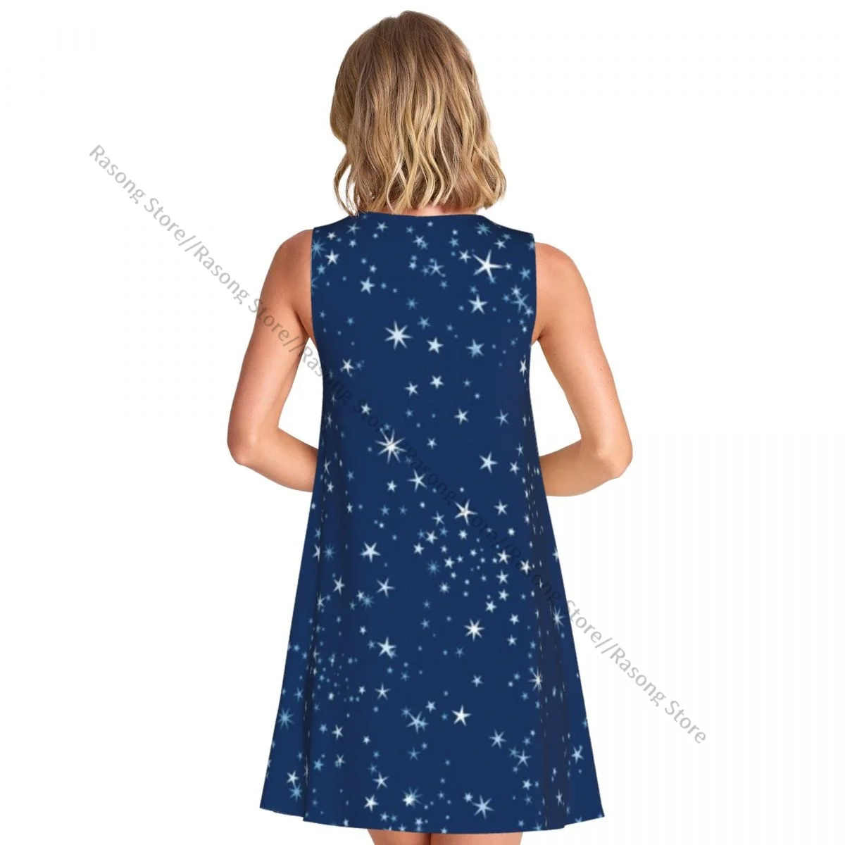 فستان نسائي صيفي كاجوال تي شيرت فساتين شاطئ تغطي السماء الليلية والنجوم فستان بدون أكمام