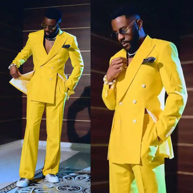 

Fashion Men Suits 2 Pieces Jacket Pants Double Breasted Peaked Lapel Prom Tuxedo Wedding Customized trajes para hombre