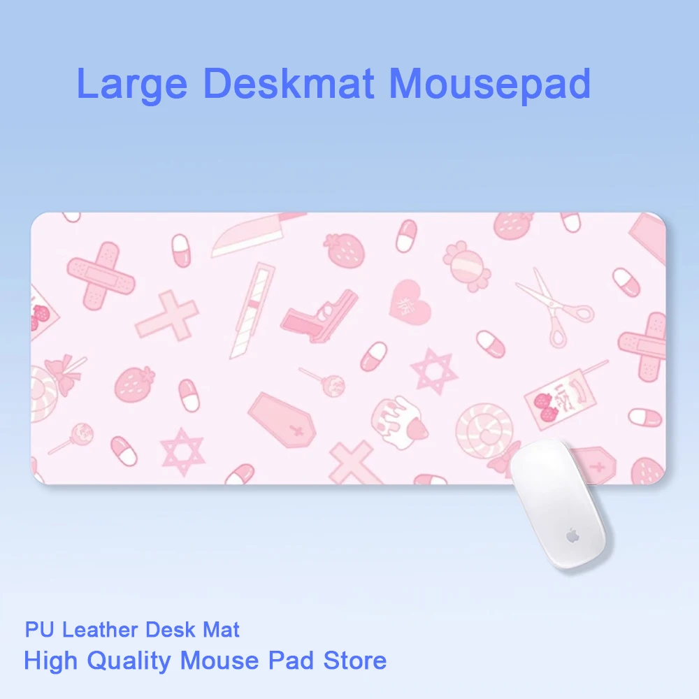 Tapete de escritorio de cuero PU de anime con pastel de caramelo y pastilla rosa |   Alfombrilla de ratón para juegos XXL para deportes electrónicos, decoración creativa de dibujos animados Kawaii